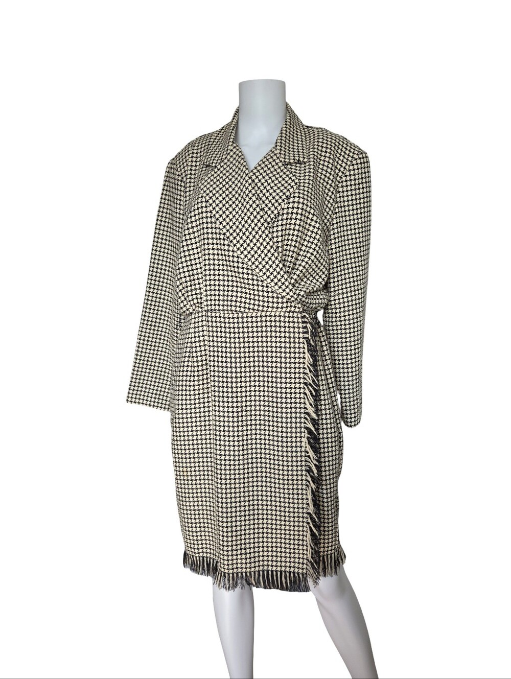 Vintage Expo Houndstooth Wrap Dress Black Cream Fringe Trim Womens Size 14
